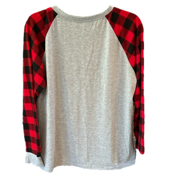 Long Raglan Sleeve (Buffalo Check) Body (Gray) Merry Christmas Antlers Tee - Picture 2 of 3